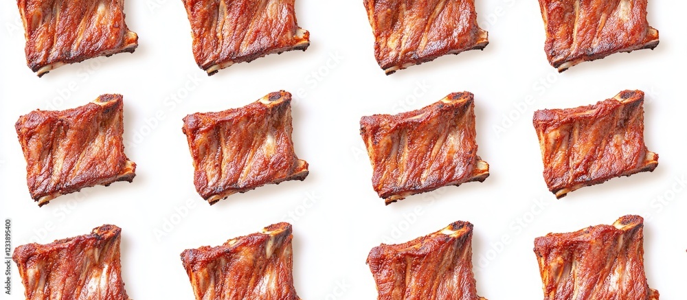 Poster raw beef ribs arranged in a uniform grid pattern on a white background with ample copy space for tex