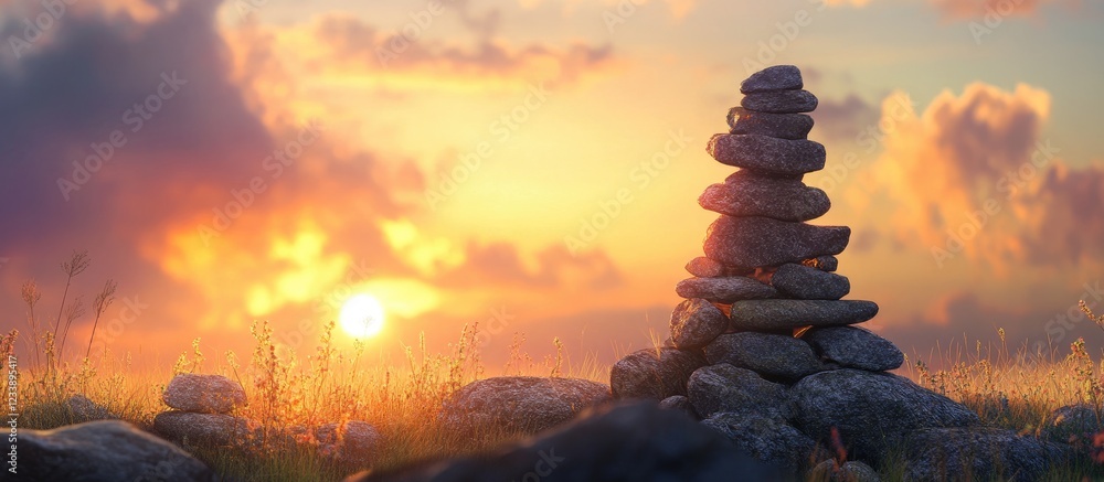 Poster zen stone tower at sunset creating a serene landscape with empty space for text and copy for wellnes