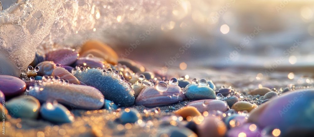 Poster colorful pebbles on wet shore with water droplets and gentle waves creating a tranquil atmosphere an