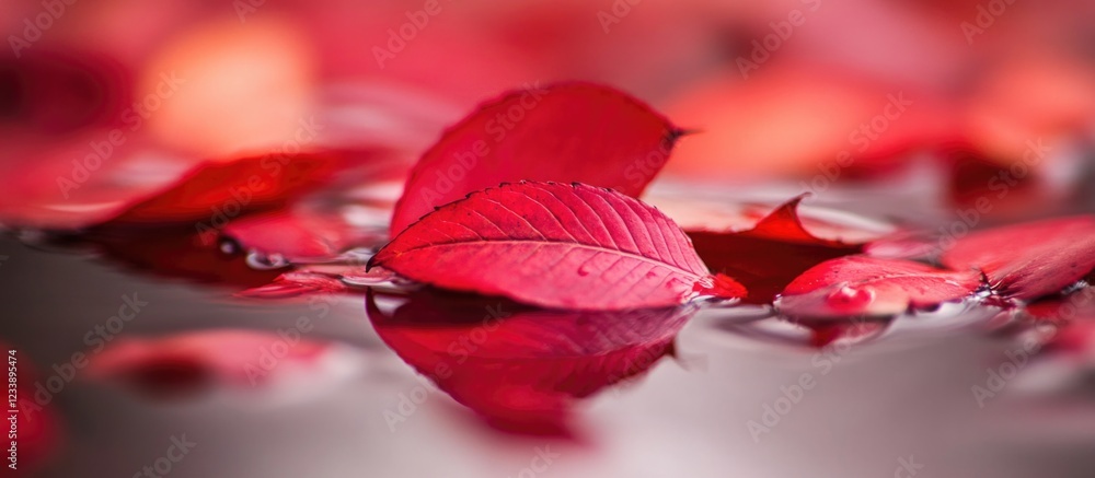 Poster red leaves floating on water surface with soft reflections and blurred background. copy space