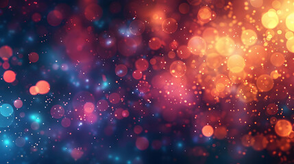 A vibrant abstract background with colorful bokeh effects in shades of blue, orange, and purple.