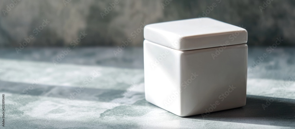 Poster minimalist white ceramic square container on textured surface with soft shadowing