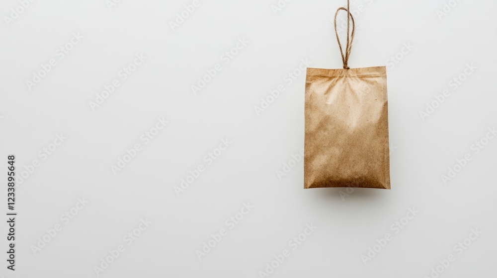 Poster brown paper bag hanging on a string against a plain white background with ample copy space for text 