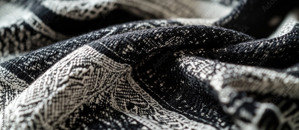 Poster black and white woven fabric close-up with intricate patterns and textures suitable for textile desi