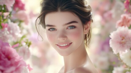 Naklejka premium Radiant Beauty Amongst Blossoms: A Portrait of Feminine Grace