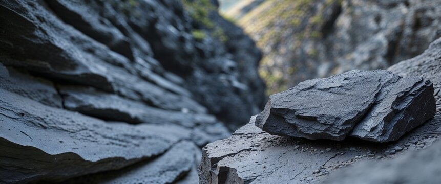 Slate gray argillite stone in deep ravine with close up background