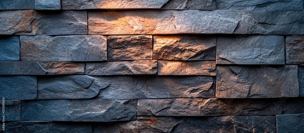 Poster textured stone wall with illuminated section featuring dark slate tones and rough edges suitable for