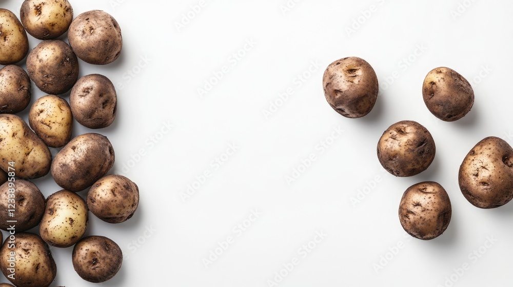 Poster fresh organic potatoes on a white background with copy space for text placement. variety of sizes an