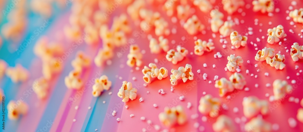 Poster close-up of scattered popcorn on colorful gradient background with copy space