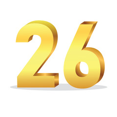 3d gold number 26 isolated vector design on white background