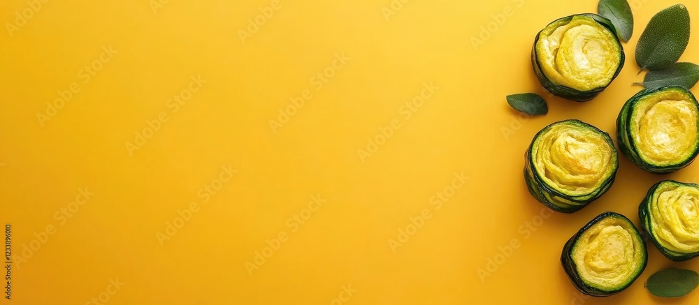 Poster homemade zucchini fritters on yellow background with fresh ingredients and empty space for text in a