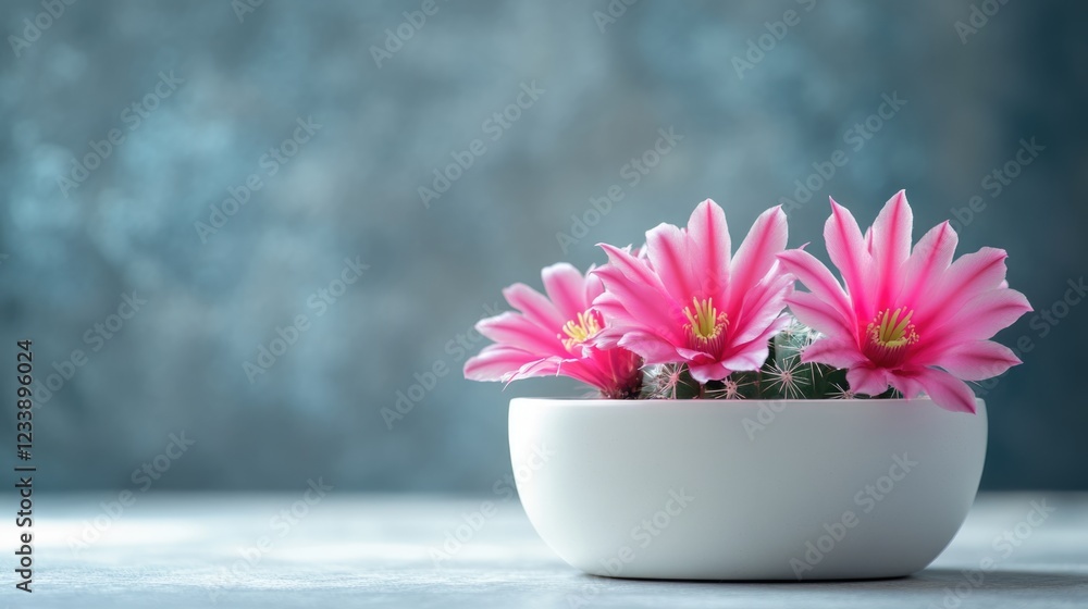 Poster pink cactus flowers in a white bowl on a light background with blurred effects and ample copy space 