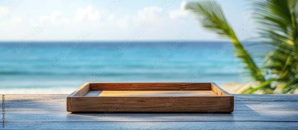 Poster wooden serving tray on a table with ocean view and palm tree in background copy space