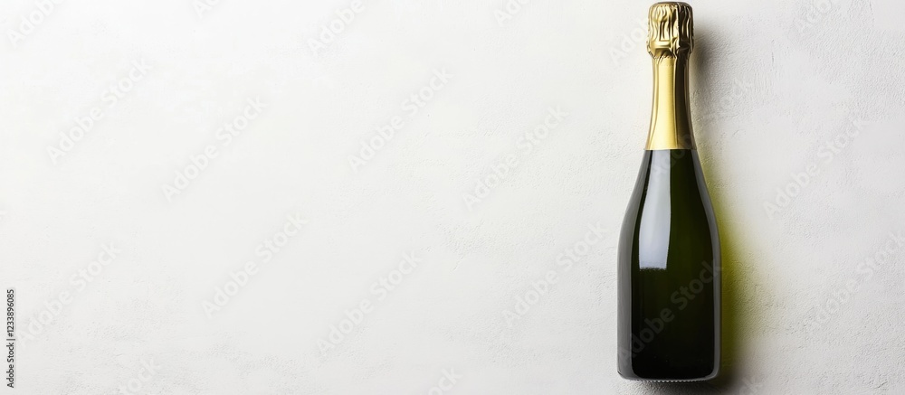 Poster champagne bottle with golden foil cap on light textured background with ample copy space for text pl
