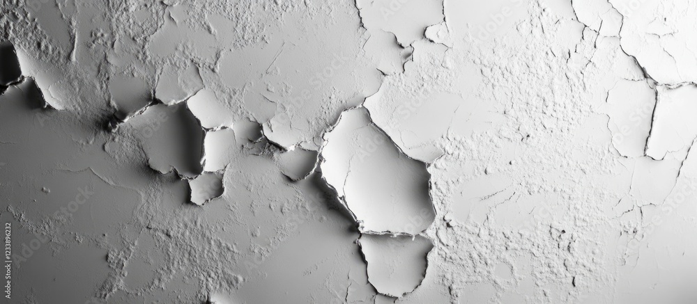 Poster textured close-up of peeling paint on wall surface in monochrome tones with visible layers and crack