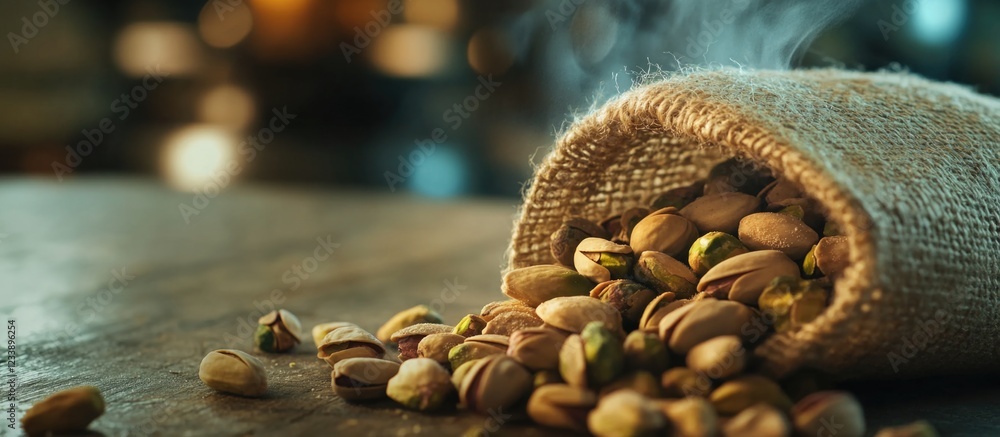 Poster pistachio nuts spilling from a burlap sack on a wooden surface with a blurred background and subtle 