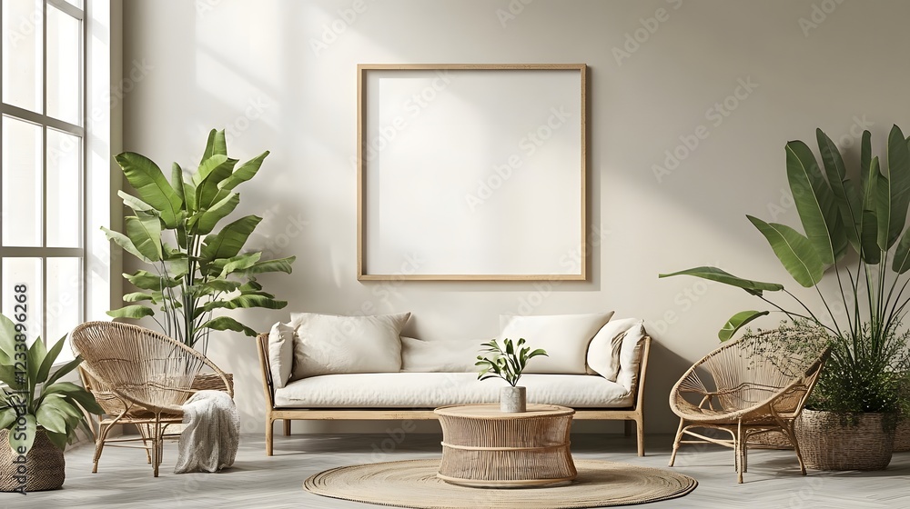 Aufkleber serene and sophisticated living space with neutral tones plush furniture and abundant greenery for a