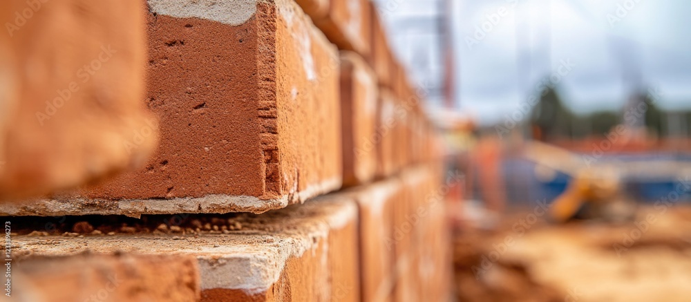 Poster close-up of stacked red bricks on a construction site with blurred background and selective focus on