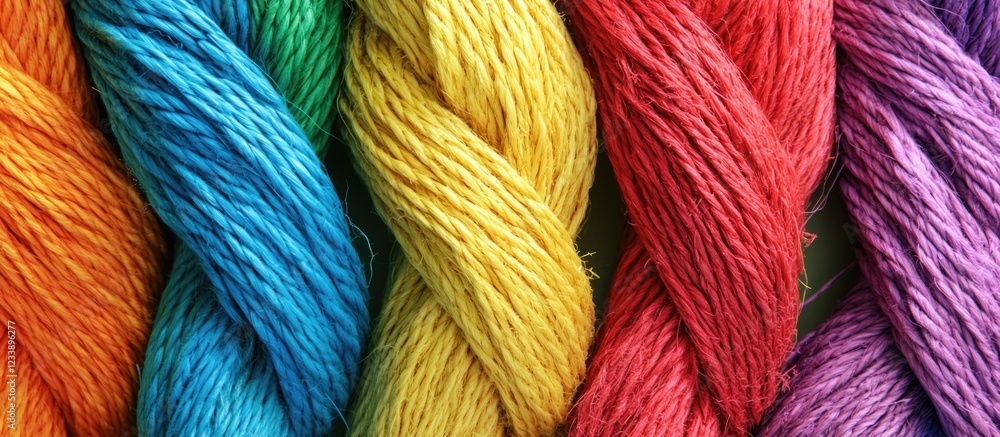 Poster colorful strands of yarn arranged in a gradient from red to purple showcasing various textures on a 