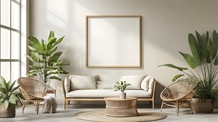 Serene and Sophisticated Living Space with Neutral Tones Plush Furniture and Abundant Greenery for a Relaxing and Inviting Ambiance
