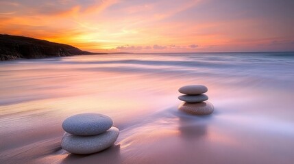 Smooth Stones on Tranquil Beach at Sunset with Soft Ocean Waves and Vibrant Sky