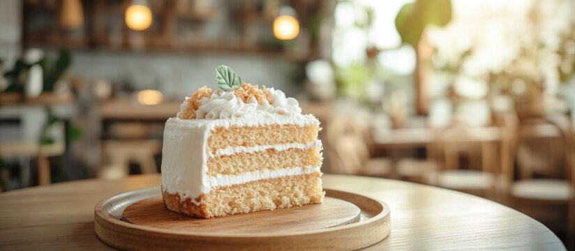 Slice of layered cake with frosting on wooden plate in cafe setting with blurred background and copy space