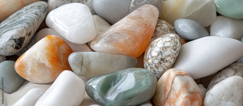 Aufkleber smooth polished stones in various colors and patterns close-up view