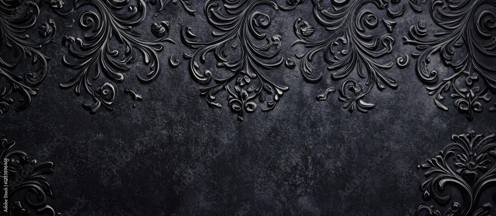 Poster textured black background with ornate floral patterns and relief design suitable for decorative and 