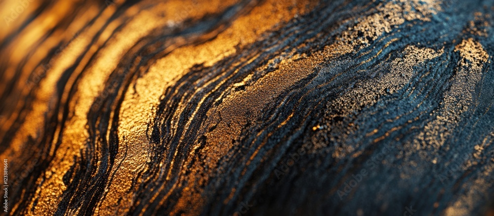 Poster abstract close-up of textured metallic surface with golden and dark blue wavy patterns with detailed