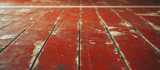 Weathered red wooden floor with visible scratches and texture, horizontal perspective, suitable for background use, Copy Space available
