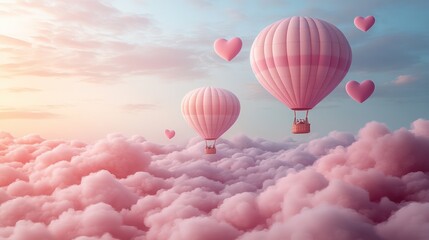 Obraz premium Pink Hot Air Balloons Soaring Above Cotton Candy Clouds: A Dreamy Valentine's Day Escape