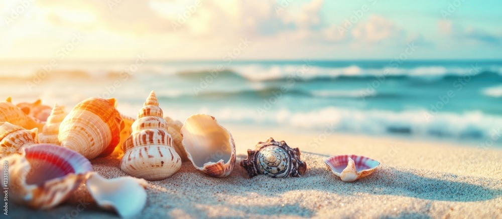 Poster collection of assorted sea shells on sandy beach with gentle ocean waves in the background and soft 