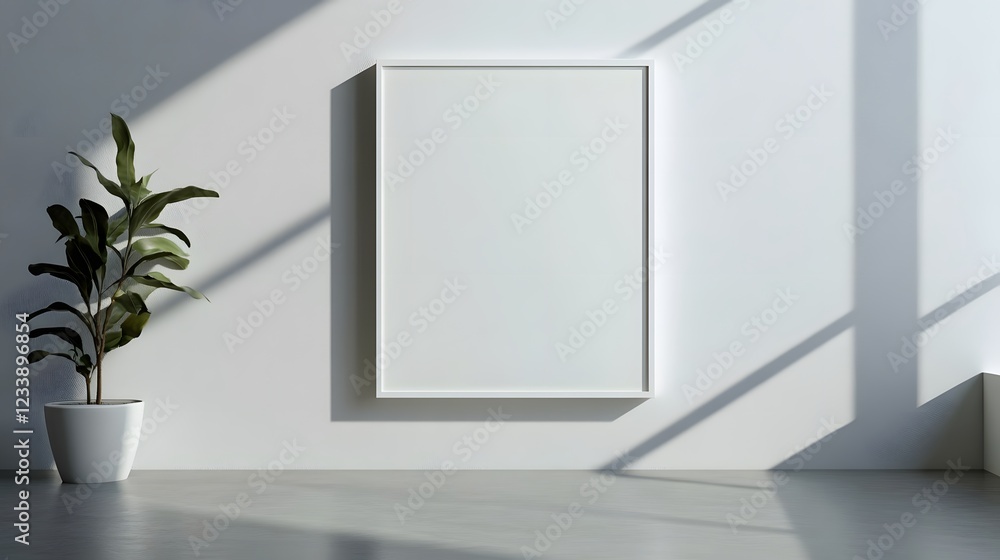 Aufkleber sunlit minimalist white room with empty wall green potted plant and sharp shadows creating a clean p