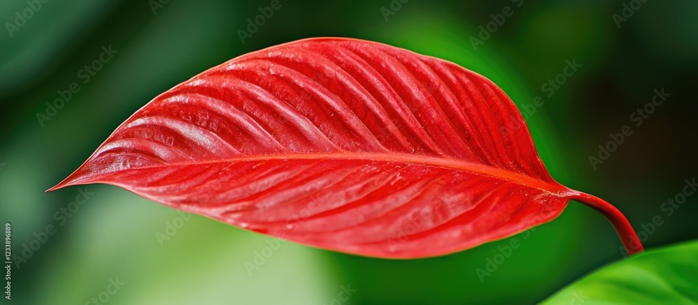 Poster vibrant red leaf with intricate vein patterns against a blurred green background suitable for nature