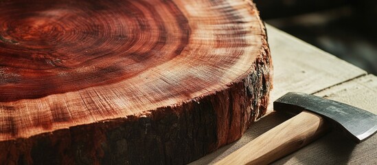 Close-up of a wooden log cross-section with visible rings and an axe on a wooden surface showing natural textures and colors Copy Space