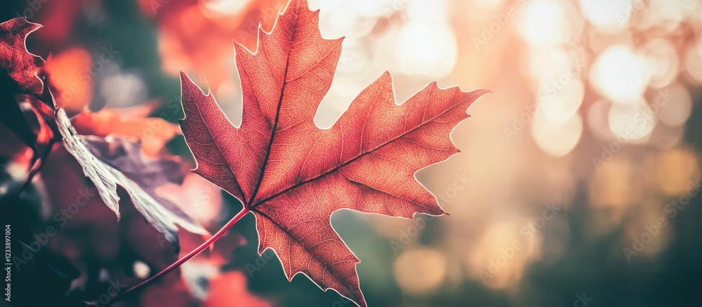 Poster close-up of a vibrant red maple leaf against a blurred autumn background with soft light copy space