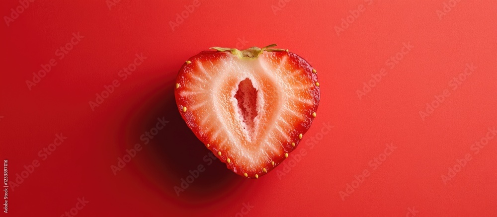 Poster freshly sliced strawberry in heart shape on red background with copy space for text
