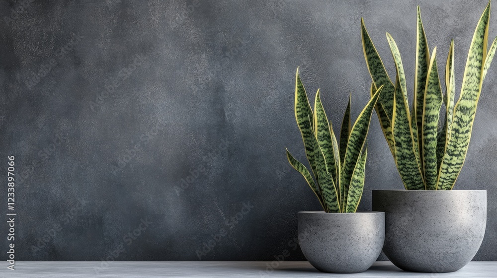 Poster indoor arrangement of snake plants in modern concrete pots against a textured gray background with c