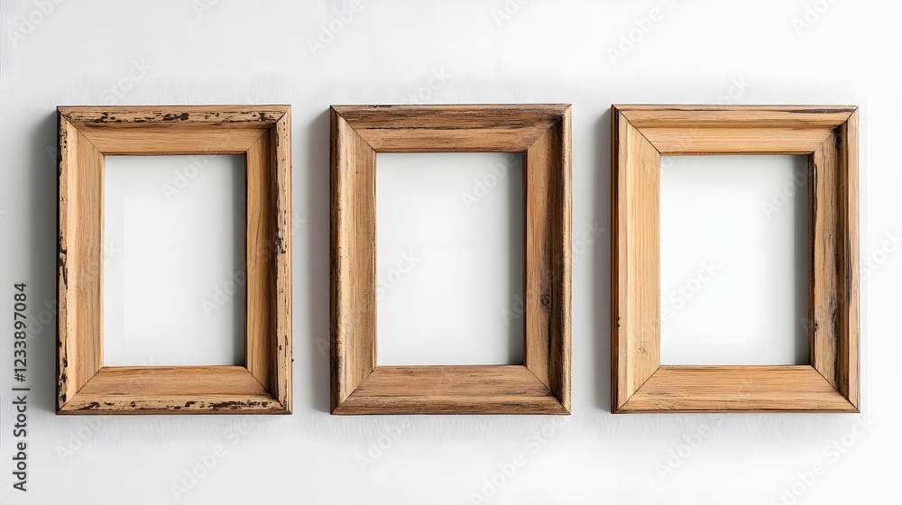Aufkleber Three empty wooden picture frames arranged neatly on a plain white wall background creating a minimalist and clean design template for digital art photography or graphic projects