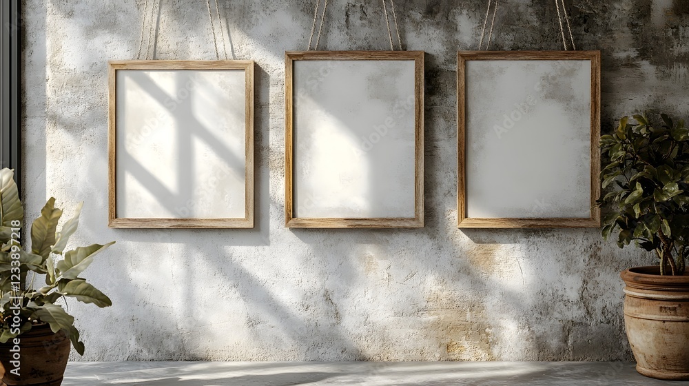 Poster three minimal rustic wooden frames hanging on a textured wall with natural light and shadow effects 