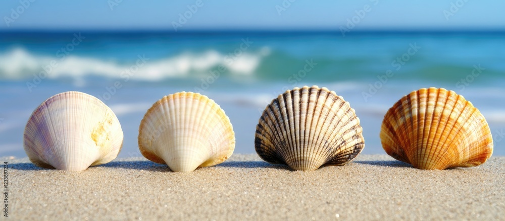 Poster four various colorful seashells lined up on sandy beach with ocean waves in the background copy spac