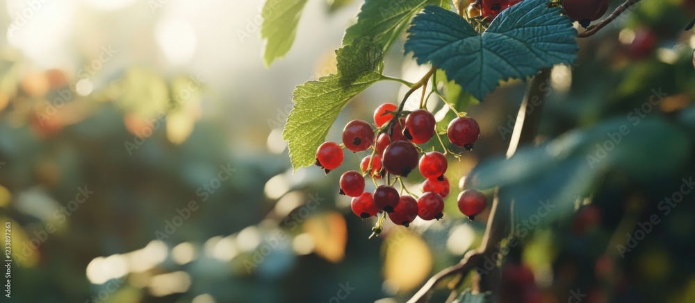 Poster ripe red currants on branches with green leaves illuminated by soft natural sunlight with blurred ba