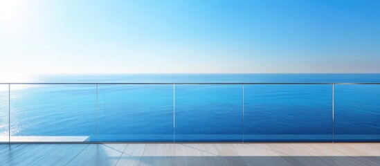 Ocean view from a modern balcony with glass railing and clear blue sky Copy Space