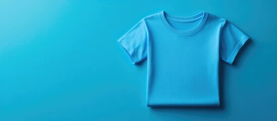Blue t-shirt on solid blue background with copy space for text or logo placement. Casual clothing and fashion concept.