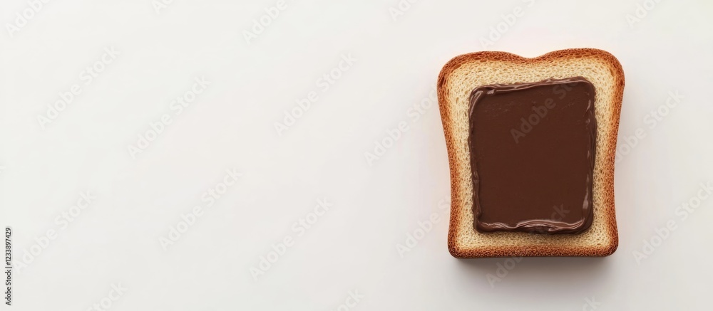 Poster slice of bread with chocolate spread on a clean white surface with ample copy space
