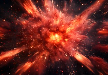 Fototapeta premium Red powder explosion, dark background, epic scene, hyper-realistic photography. 