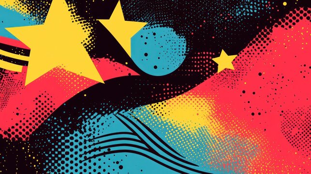 Abstract cosmic starscape design, vibrant colors, halftone texture, background, digital art - Powered by Adobe