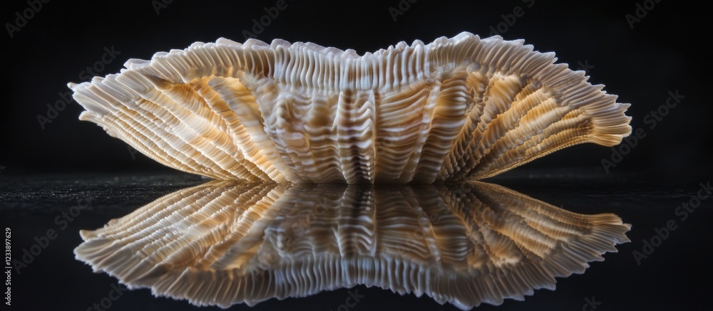 Poster close-up view of a beautifully detailed seashell with reflection on a black background, showcasing n