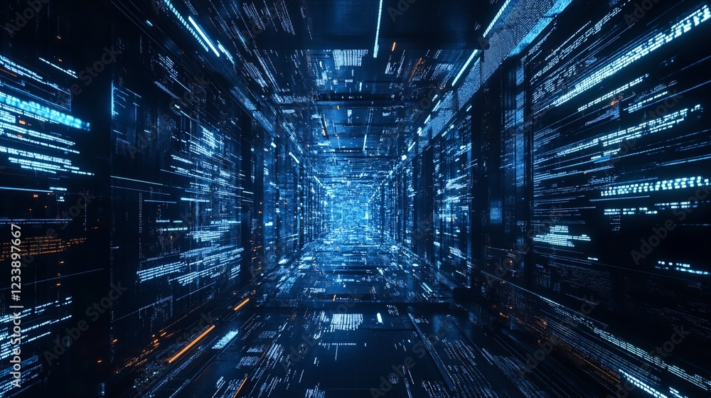 Poster futuristic digital tunnel with data streams and code glowing in blue light