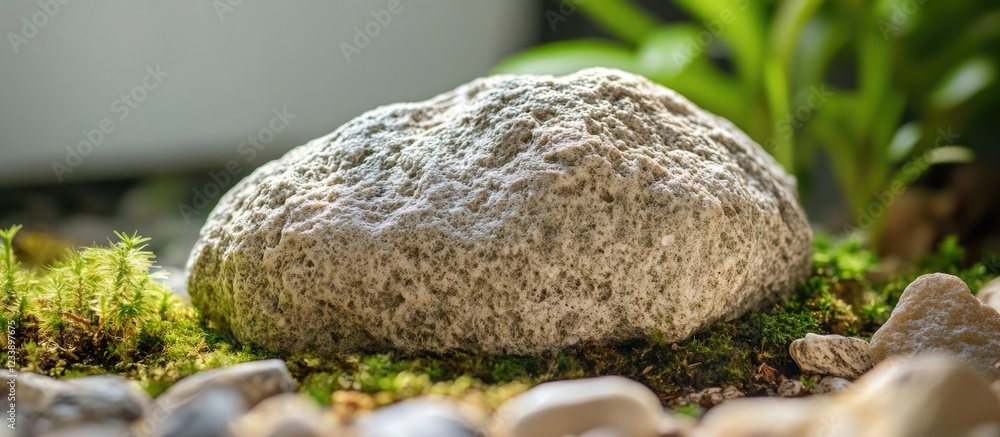 Poster gray stone resting on moss and pebbles in a natural garden setting with soft green background and co
